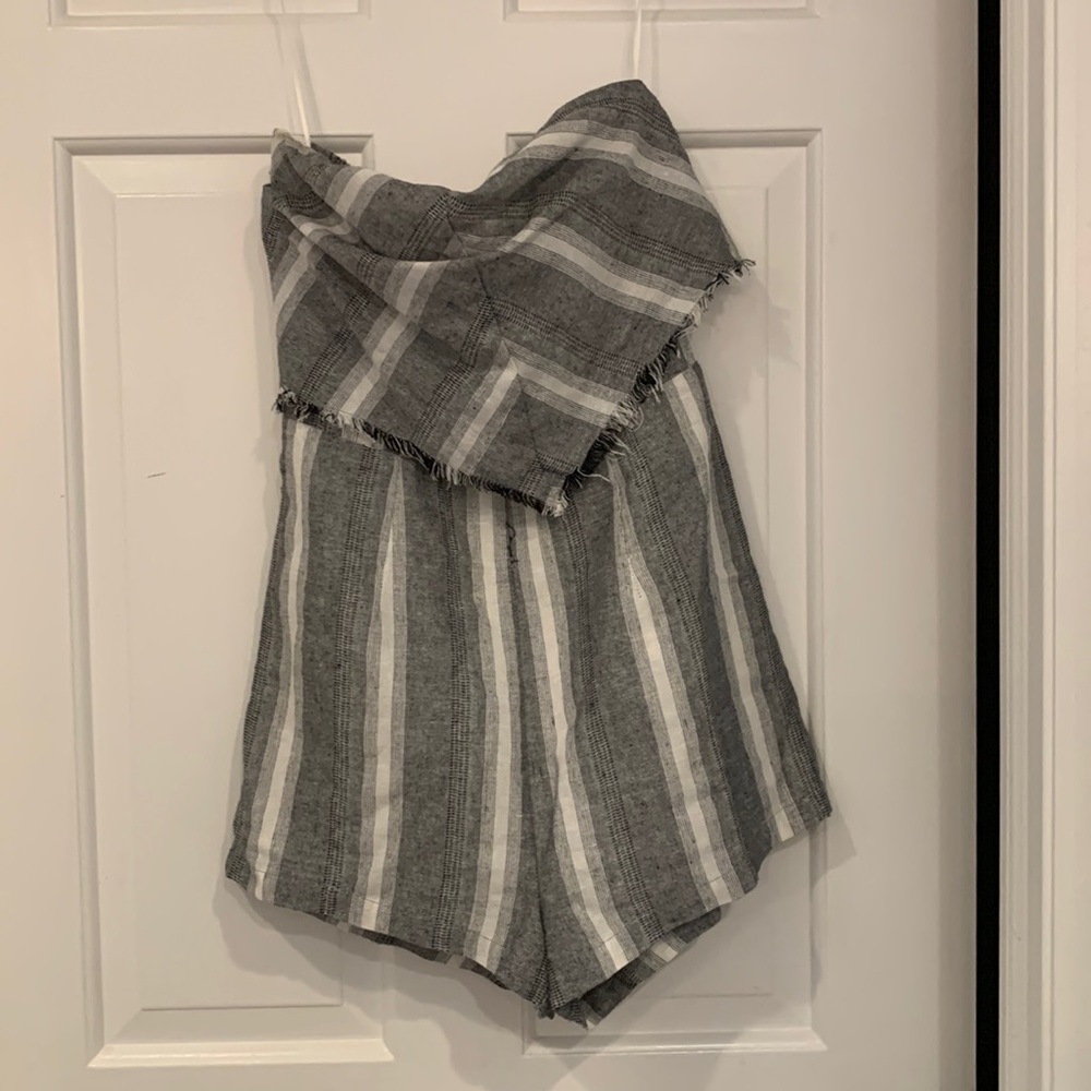 Gray and white striped strapless romper